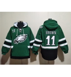 Men Philadelphia Eagles 11 A J  Brown Green Ageless Must Have Lace Up Pullover Hoodie