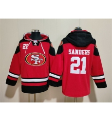 Men San Francisco 49ers 21 Deion Sanders Red Black Ageless Must Have Lace Up Pullover Hoodie