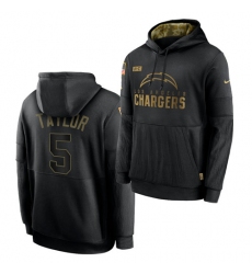 Men Los Angeles Chargers 5 Tyrod Taylor 2020 Salute To Service Black Sideline Performance Pullover Hoodie