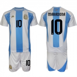 Men Argentina 10 Diego Maradona White Blue 2024 25 Home Soccer Jersey Suit