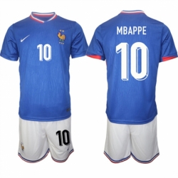 Men France 10 Mbappe Blue 2024 25 Home Soccer Jersey Suit