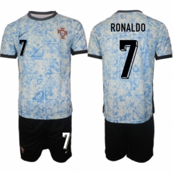 Men Portugal Team 7 Ronaldo 2024 25 White Blue Away Soccer Jersey Suit