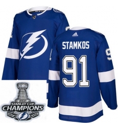 Men Adidas Tampa Bay Lightning 91 Steven Stamkos Authentic Royal Blue Home NHL Stitched 2021 Stanley Cup Champions Patch Jersey