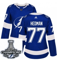 Women Adidas Tampa Bay Lightning 77 Victor Hedman Authentic Royal Blue Home NHL Stitched 2021 Stanley Cup Champions Patch Jersey