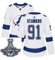 Women Adidas Tampa Bay Lightning 91 Steven Stamkos Authentic White Home NHL Stitched 2021 Stanley Cup Champions Patch Jersey