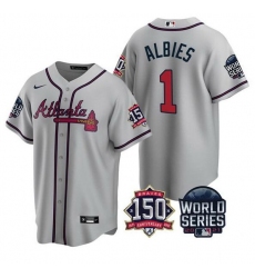 Men Atlanta Braves 1 Ozzie Albies 2021 Gray World Series With 150th Anniversary Patch Cool Base Stitched Jersey