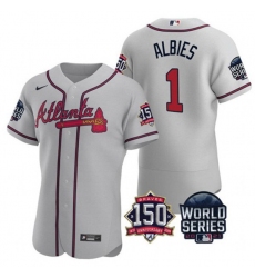 Men Atlanta Braves 1 Ozzie Albies 2021 Gray World Series With 150th Anniversary Patch Stitched Baseball Jersey
