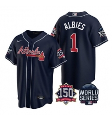Men Atlanta Braves 1 Ozzie Albies 2021 Navy World Series With 150th Anniversary Patch Cool Base Stitched Jersey