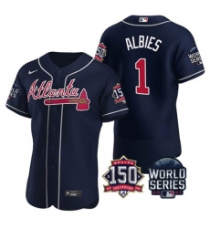 Men Atlanta Braves 1 Ozzie Albies 2021 Navy World Series With 150th Anniversary Patch Stitched Baseball Jersey