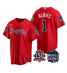 Men Atlanta Braves 1 Ozzie Albies 2021 Red World Series With 150th Anniversary Patch Cool Base Stitched Jersey
