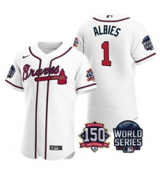 Men Atlanta Braves 1 Ozzie Albies 2021 White World Series With 150th Anniversary Patch Stitched Baseball Jersey