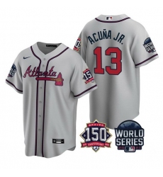 Men Atlanta Braves 13 Ronald Acuna Jr  2021 Gray World Series With 150th Anniversary Patch Cool Base Stitched Jersey