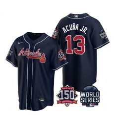 Men Atlanta Braves 13 Ronald Acuna Jr  2021 Navy World Series With 150th Anniversary Patch Cool Base Stitched Jersey