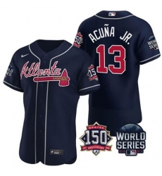 Men Atlanta Braves 13 Ronald Acuna Jr  2021 Navy World Series With 150th Anniversary Patch Stitched Baseball Jersey