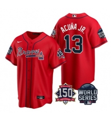 Men Atlanta Braves 13 Ronald Acuna Jr  2021 Red World Series With 150th Anniversary Patch Cool Base Stitched Jersey