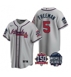 Men Atlanta Braves 5 Freddie Freeman 2021 Gray World Series With 150th Anniversary Patch Cool Base Stitched Jersey
