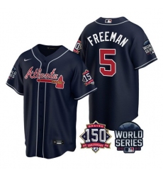 Men Atlanta Braves 5 Freddie Freeman 2021 Navy World Series With 150th Anniversary Patch Cool Base Stitched Jersey