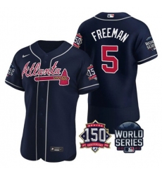 Men Atlanta Braves 5 Freddie Freeman 2021 Navy World Series With 150th Anniversary Patch Stitched Baseball Jersey