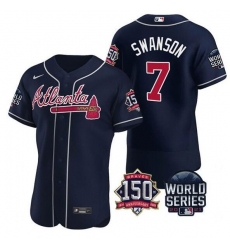 Men Atlanta Braves 7 Dansby Swanson 2021 Navy World Series With 150th Anniversary Patch Stitched Baseball Jersey