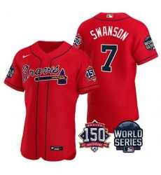 Men Atlanta Braves 7 Dansby Swanson 2021 Red World Series With 150th Anniversary Patch Stitched Baseball Jersey