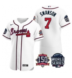 Men Atlanta Braves 7 Dansby Swanson 2021 White World Series With 150th Anniversary Patch Stitched Baseball Jersey