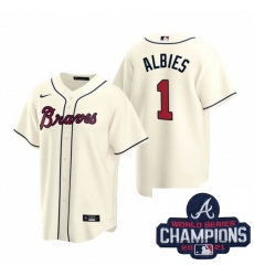 Men Nike Atlanta Braves 1 Ozzie Albies Cream Alternate Stitched Baseball Stitched MLB 2021 Champions Patch Jersey