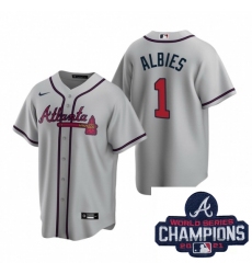 Men Nike Atlanta Braves 1 Ozzie Albies Gray Road Stitched Baseball Stitched MLB 2021 Champions Patch Jersey
