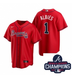 Men Nike Atlanta Braves 1 Ozzie Albies Red Alternate Stitched Baseball Stitched MLB 2021 Champions Patch Jersey