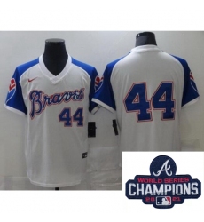 Men Nike Atlanta Braves 44 Hank Aaron Authentic White Cool Base MLB Stitched MLB 2021 Champions Patch Jersey