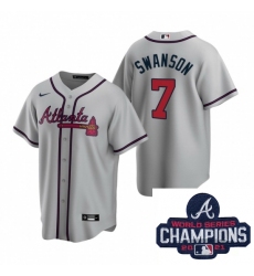 Men Nike Atlanta Braves 7 Dansby Swanson Gray Road Stitched Baseball Stitched MLB 2021 Champions Patch Jersey