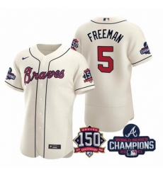 Men's Cream Atlanta Braves #5 Freddie Freeman 2021 World Series Champions With 150th Anniversary Flex Base Stitched Jersey