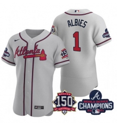 Men's Grey Atlanta Braves #1 Ozzie Albies 2021 World Series Champions With 150th Anniversary Flex Base Stitched Jersey