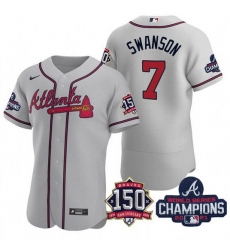 Men's Grey Atlanta Braves #7 Dansby Swanson 2021 World Series Champions With 150th Anniversary Flex Base Stitched Jersey