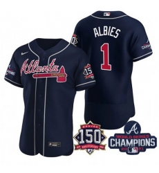 Men's Navy Atlanta Braves #1 Ozzie Albies 2021 World Series Champions With 150th Anniversary Flex Base Stitched Jersey