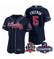 Men's Navy Atlanta Braves #5 Freddie Freeman 2021 World Series Champions With 150th Anniversary Flex Base Stitched Jersey