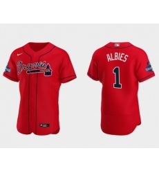 Men's Red Atlanta Braves #1 Ozzie Albies 2021 World Series Champions Flex Base Stitched Jersey