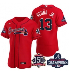 Men's Red Atlanta Braves #13 Ronald Acuna Jr. 2021 World Series Champions With 150th Anniversary Flex Base Stitched Jersey