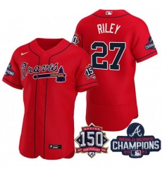 Men's Red Atlanta Braves #27 Austin Riley Swanson 2021 World Series Champions With 150th Anniversary Flex Base Stitched Jersey