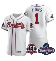 Men's White Atlanta Braves #1 Ozzie Albies 2021 World Series Champions With 150th Anniversary Flex Base Stitched Jersey