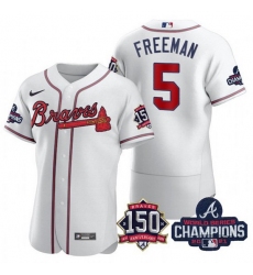 Men's White Atlanta Braves #5 Freddie Freeman 2021 World Series Champions With 150th Anniversary Flex Base Stitched Jersey