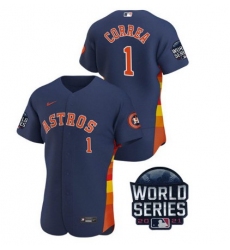 Men Houston Astros 1 Carlos Correa 2021 Navy World Series Flex Base Stitched Baseball Jersey