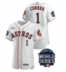 Men Houston Astros 1 Carlos Correa 2021 White World Series Flex Base Stitched Baseball Jersey