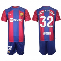 Men Barcelona 32 Pablo Torre Blue Red 2023 24 Home Soccer Jersey