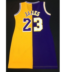 Women Los Angeles Lakers 23 Lebron James Dress Stitched Jersey Yellow Purple Split II