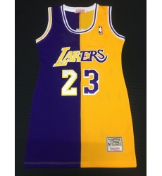 Women Los Angeles Lakers 23 Lebron James Dress Stitched Jersey Yellow Purple Split
