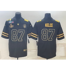 Men Kansas City Chiefs 87 Travis Kelce Black Golden Super Bowl LV And Super Bowl LVII Patch Vapor Limited Stitched Jersey