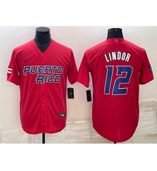 Men Puerto Rico Baseball 12 Francisco Lindor 2023 Red World Baseball Classic Replica Stitched Jersey