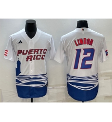 Men Puerto Rico Baseball 12 Francisco Lindor 2023 White World Baseball Classic Replica Stitched Jersey