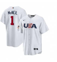 Men USA Baseball 1 Jeff McNeil 2023 White World Baseball Classic Replica Stitched Jersey