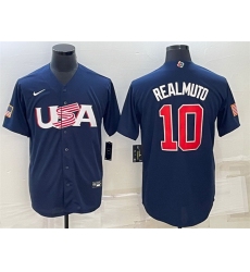 Men USA Baseball 10 J T  Realmuto 2023 Navy World Baseball Classic Replica Stitched Jersey